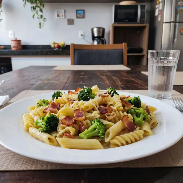 Macarrão com brócolis e bacon