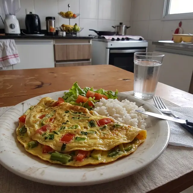 Omelete de legumes com arroz e salada