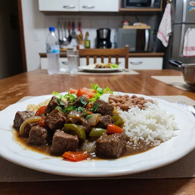 Picadinho de carne com arroz e feijão